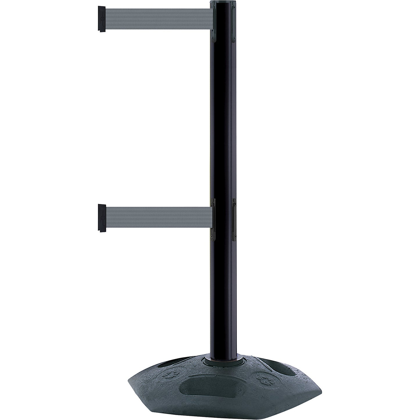 Heavy duty Dualline belt barrier post, belt extension 3650 mm, pack of 2, post black, belt grey.