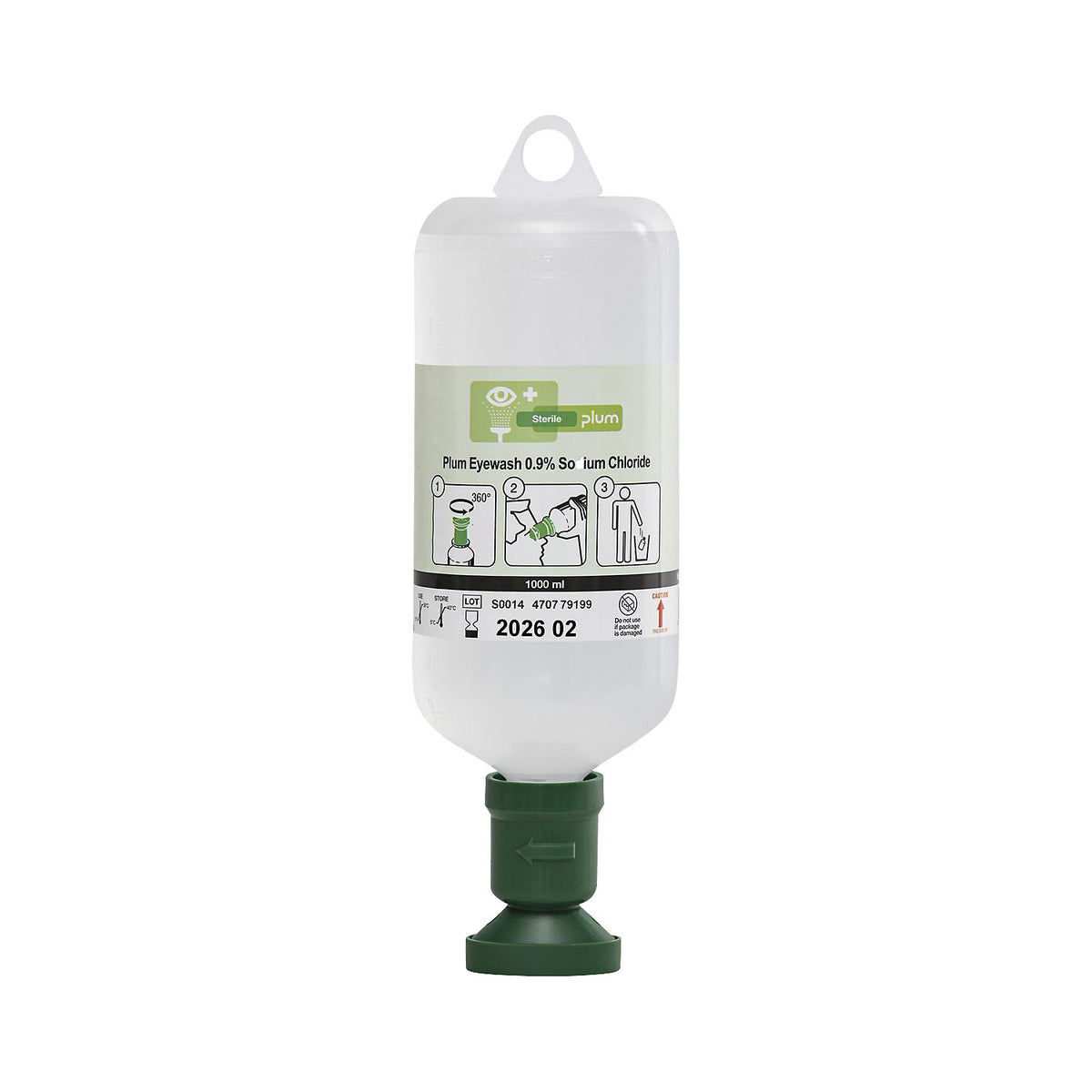 Eye wash bottle 0.9% NaCl, 1000 ml, pack of 6, transparent, green.