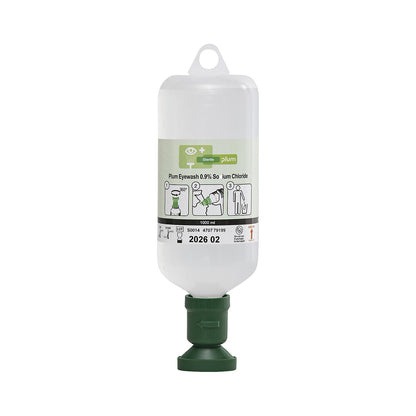 Eye wash bottle 0.9% NaCl, 1000 ml, pack of 6, transparent, green.