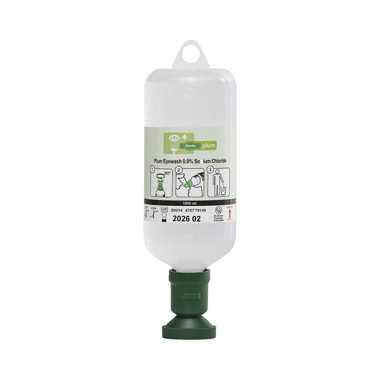 Eye wash bottle 0.9% NaCl, 1000 ml, pack of 6, transparent, green.