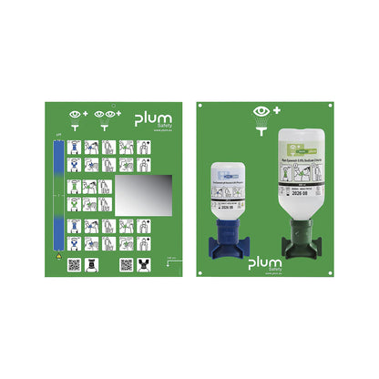 Emergency eye station with rinse bottles, with 1 x 200 ml pH-neutral, 1 x 500 ml 0.9% NaCl, wall bracket.