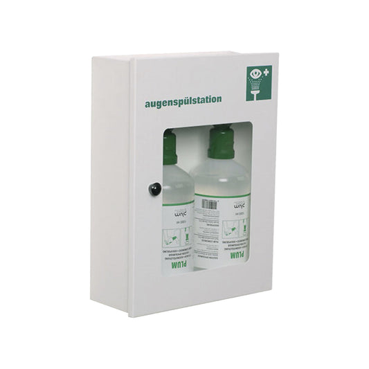 Emergency eye station with rinse bottles, with 2 x 1000 ml 0.9% NaCl, white.