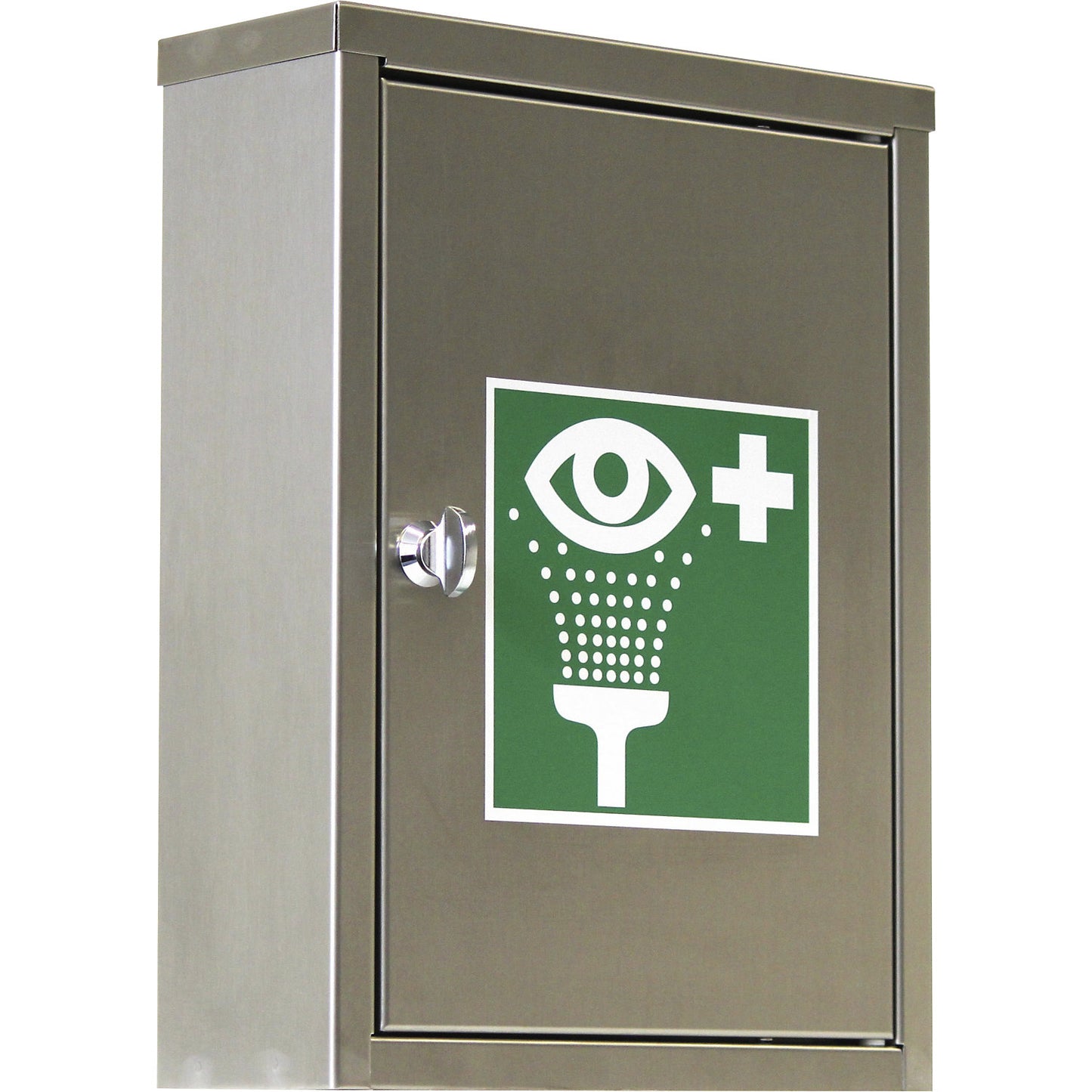 Emergency eye station with rinse bottles, with 1 x 200 ml pH-neutral, 1 x 1000 ml 0.9% NaCl, stainless steel.