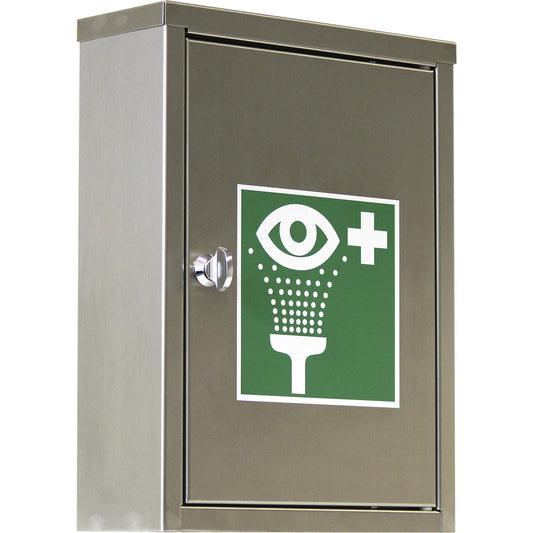 Emergency eye station with rinse bottles, with 1 x 200 ml pH-neutral, 1 x 1000 ml 0.9% NaCl, stainless steel.