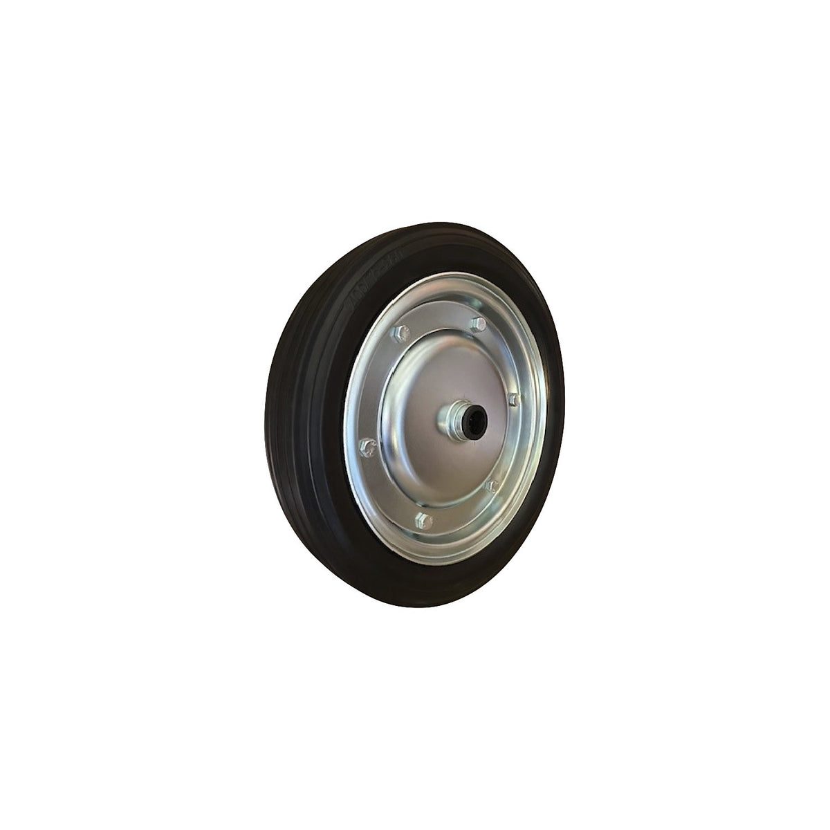 Solid rubber wheel, sheet steel rim, roller bearings, wheel Ø x width 380 x 85 mm.