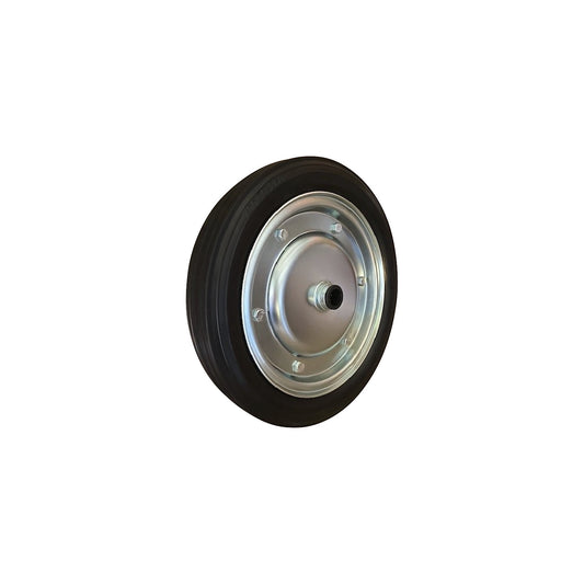 Solid rubber wheel, sheet steel rim, roller bearings, wheel Ø x width 380 x 85 mm.