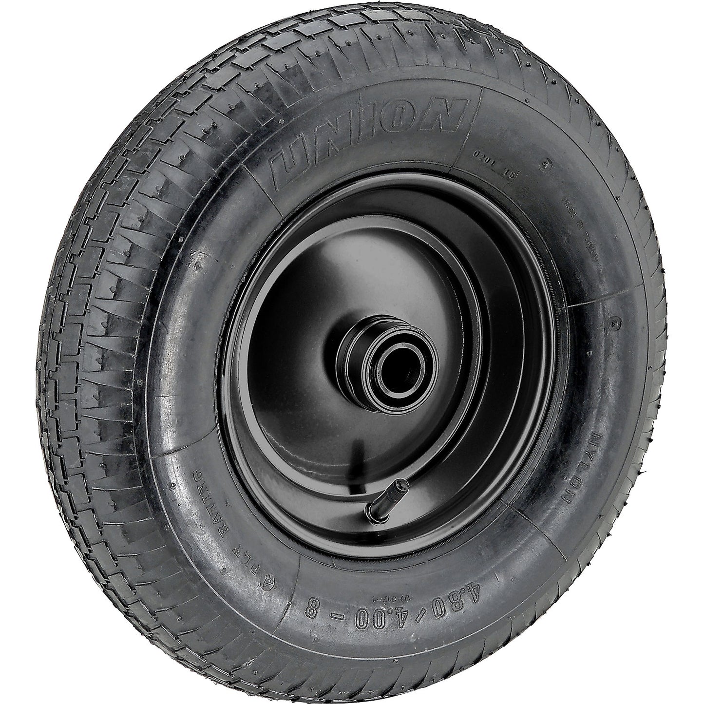 Pneumatic tyre, sheet steel rim, block profile, wheel Ø x width 400 x 100 mm, roller bearings.