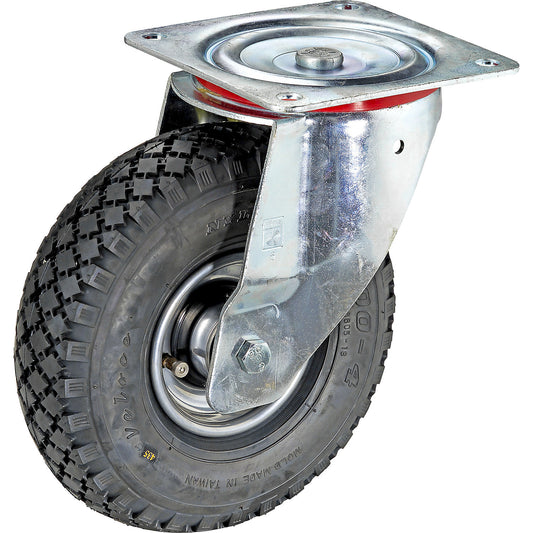 Pneumatic tyre, sheet steel rim, block profile, ØxW 260 x 85 mm, roller bearing, swivel castor.