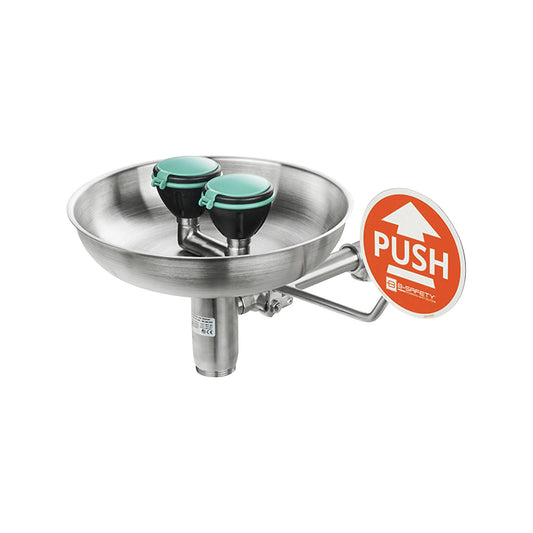 PremiumLine safety eye shower, with collection basin, for wall mounting, stainless steel.