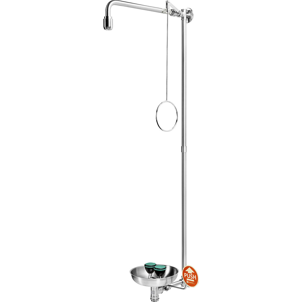 PremiumLine emergency shower combination, with safety eye shower and collection basin, for wall mounting, stainless steel.