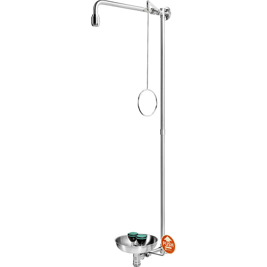 PremiumLine emergency shower combination, with safety eye shower and collection basin, for wall mounting, stainless steel.