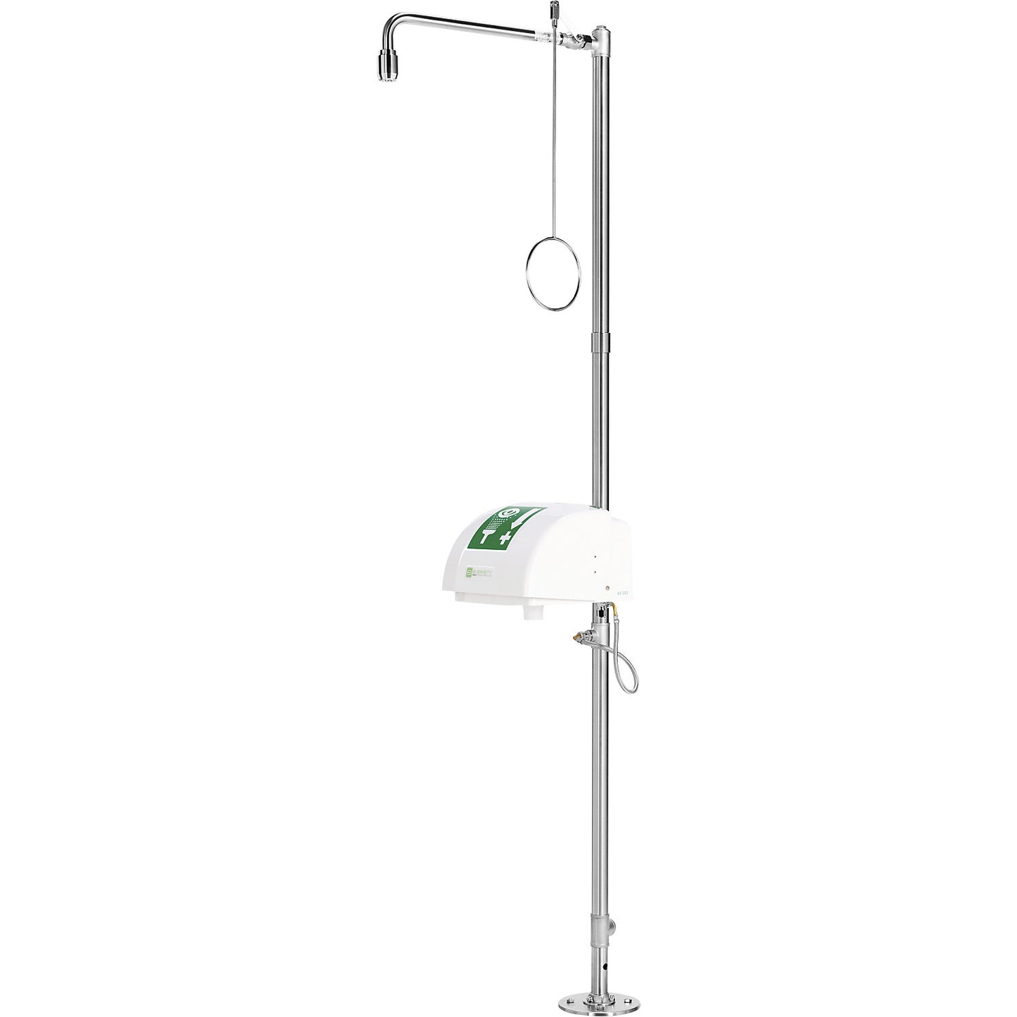 PremiumLine full body emergency shower, with eye/face shower, collection basin and cover, for floor mounting, stainless steel.