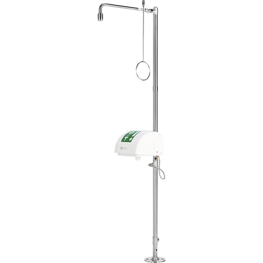 PremiumLine full body emergency shower, with eye/face shower, collection basin and cover, for floor mounting, stainless steel.