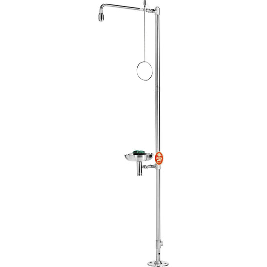 PremiumLine full-body emergency shower, with eye shower and collection basin, for floor mounting, stainless steel.