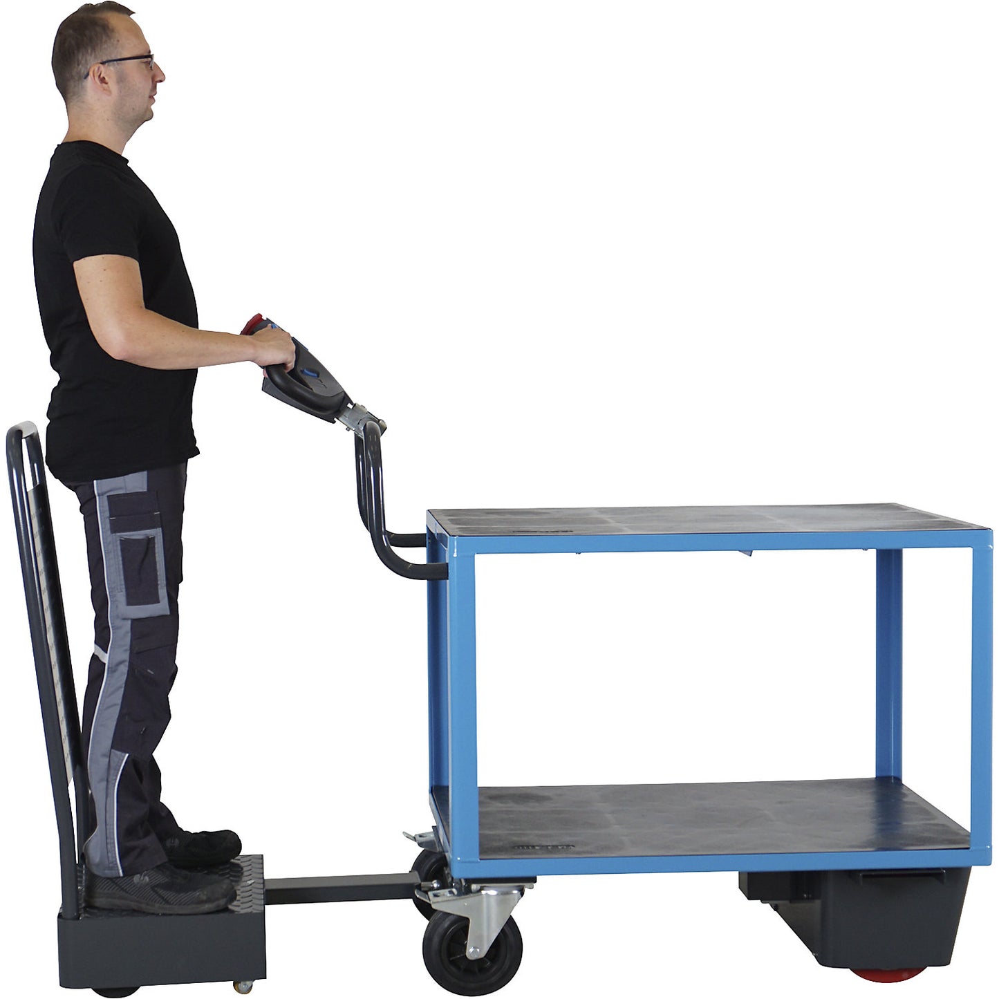 Assembly trolley with electric drive, 2 shelves and driver's platform, LxWxH 1870 x 700 x 1320 mm, grey / light blue.