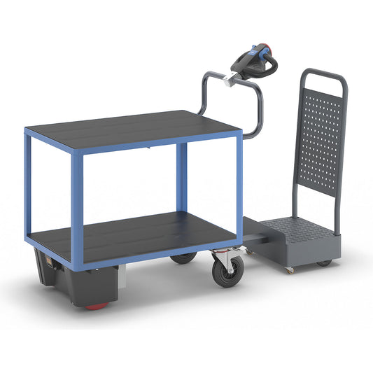 Assembly trolley with electric drive, 2 shelves and driver's platform, LxWxH 1870 x 700 x 1320 mm, grey / light blue.