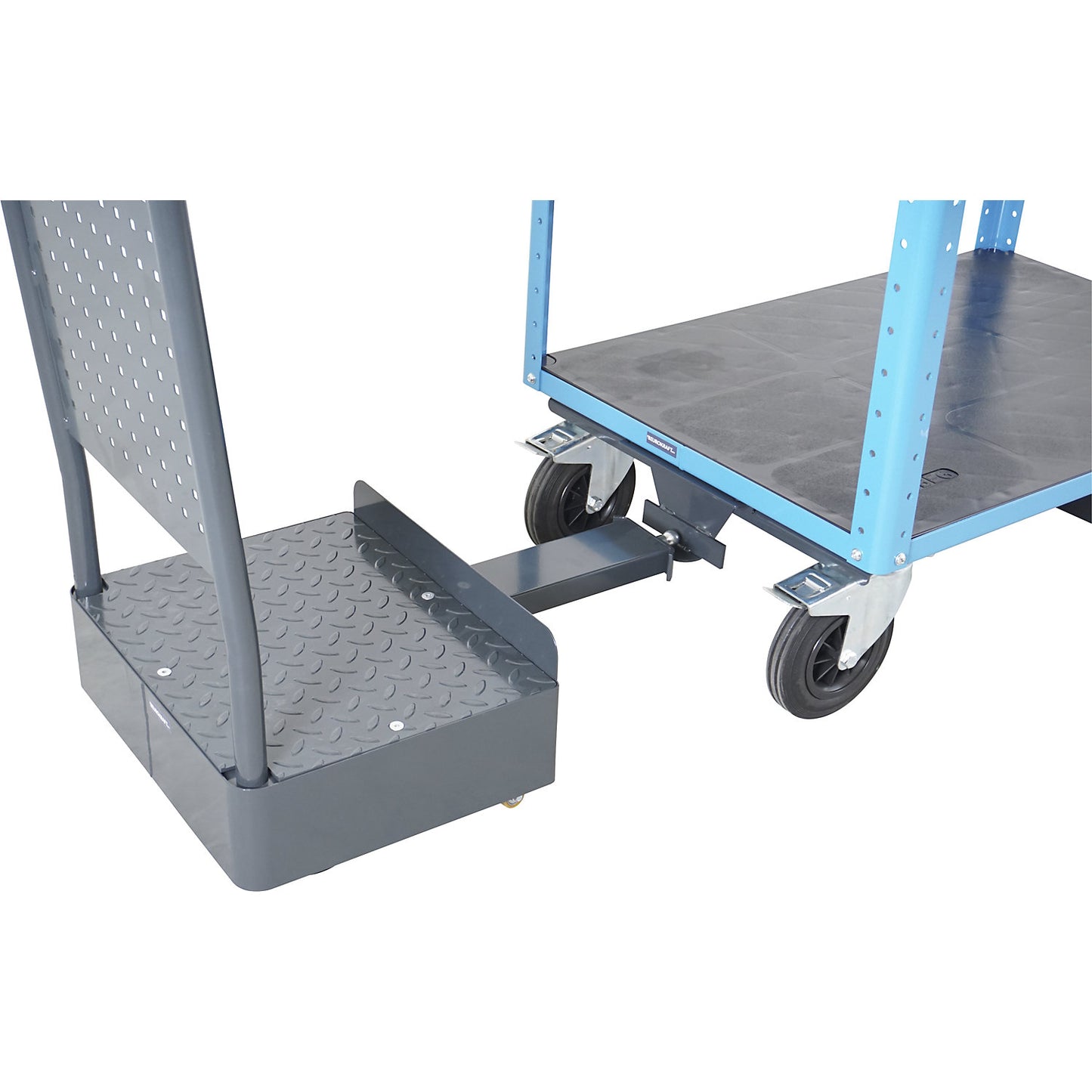 CustomLine assembly trolley with electric drive, 2 shelves with driver's platform, charcoal / light blue, solid rubber.