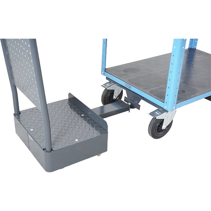 CustomLine assembly trolley with electric drive, 2 shelves with driver's platform, charcoal / light blue, solid rubber.