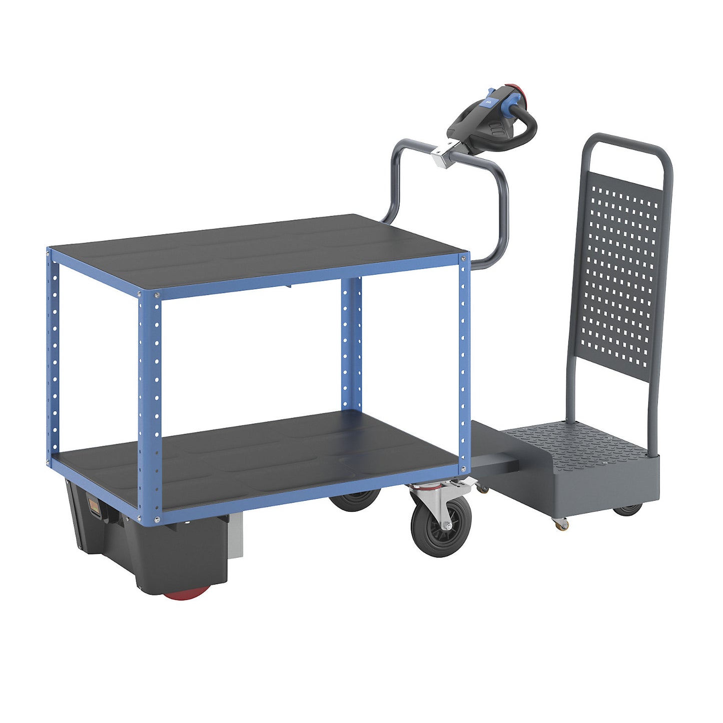 CustomLine assembly trolley with electric drive, 2 shelves with driver's platform, charcoal / light blue, solid rubber.