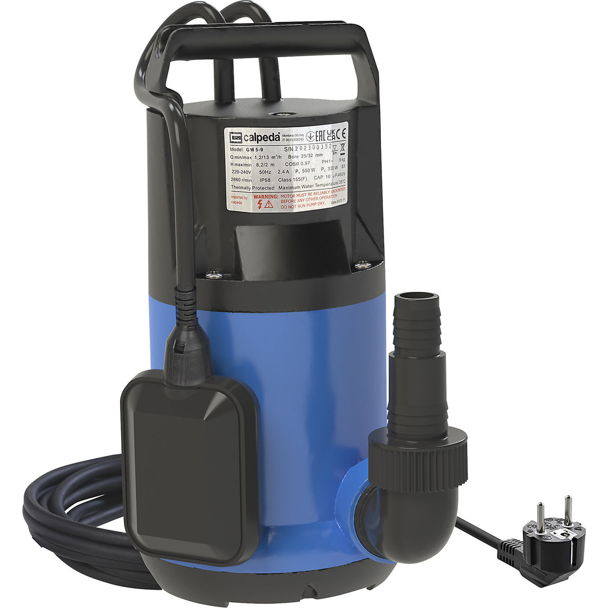 Submersible drainage pump GM 5-9, with float switch, made of plastic, max. 8.9 m, 0.33 kW.