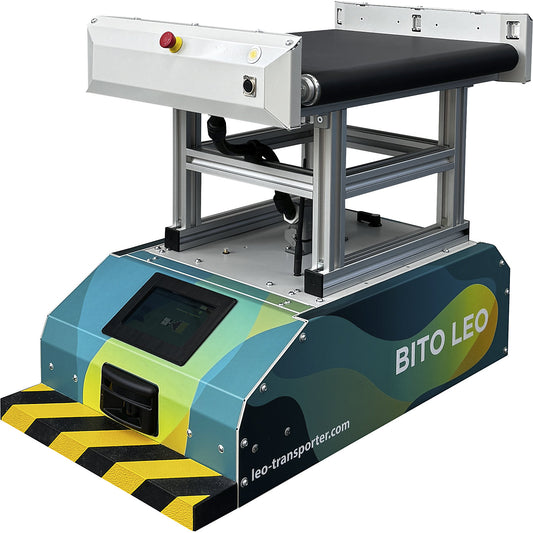 Driverless transport system LEO, Flow fixed height conveyor, platform LxW 600 x 400 mm, load capacity 50 kg.