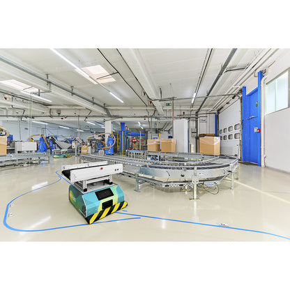 Driverless transport system LEO, Flow fixed height conveyor, platform LxW 600 x 400 mm, load capacity 50 kg.