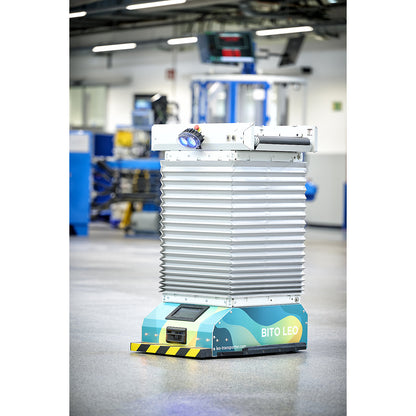 Driverless transport system LEO, Flow conveyor with scissor lift, platform LxW 600 x 400 mm, load capacity 50 kg.