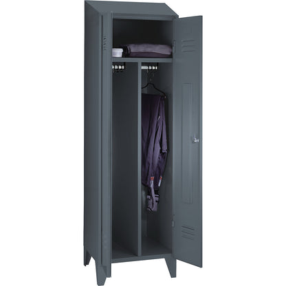 Berlin 2 clean and dirty locker, centre divider, 1 compartment, blue grey, width 600 mm, sloping roof shape.