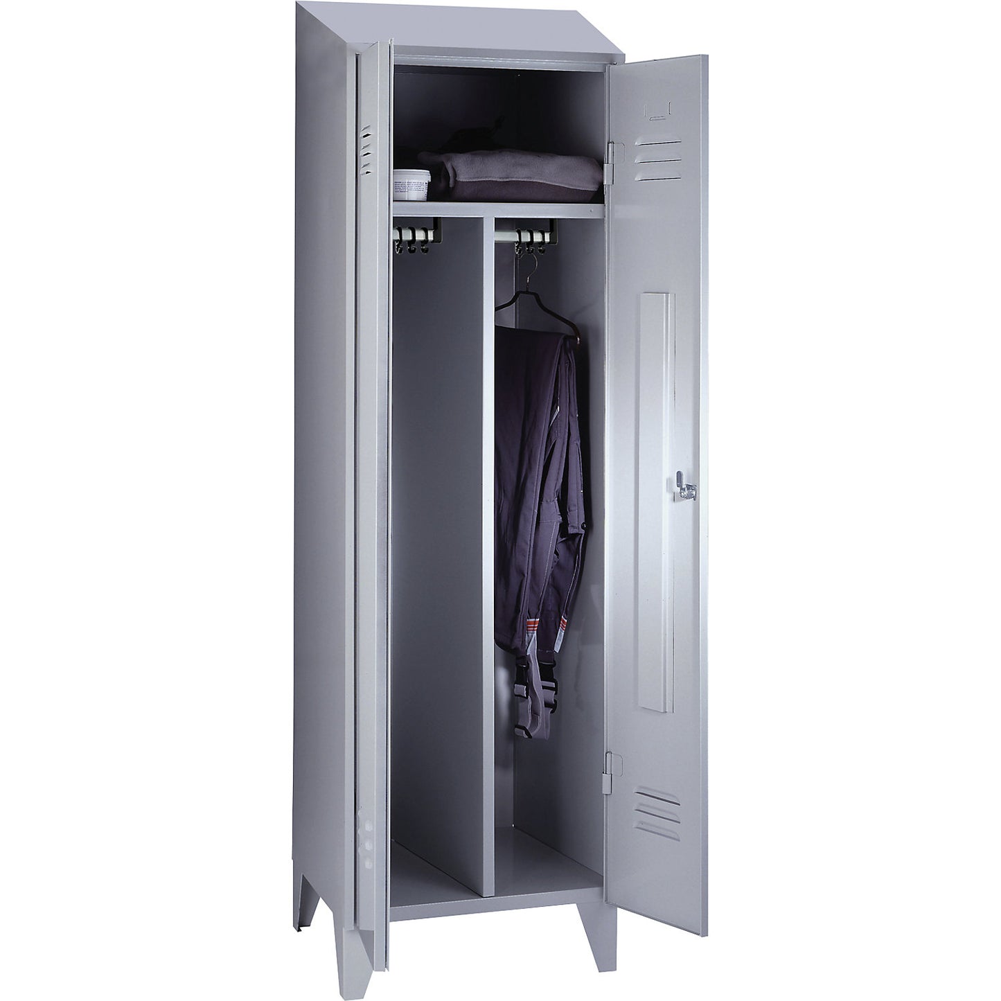 Berlin 2 clean and dirty locker, centre divider, 1 compartment, light grey, width 600 mm, sloping roof shape.