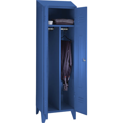 Berlin 2 clean and dirty locker, centre divider, 1 compartment, light blue, width 600 mm, sloping roof shape.