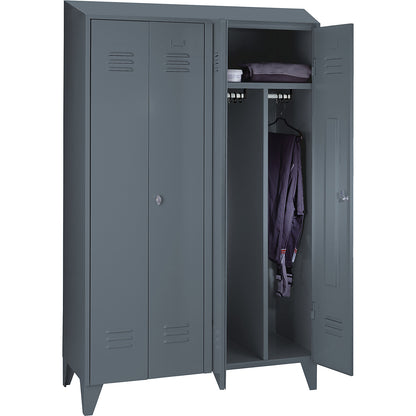 Berlin 2 clean and dirty locker, centre divider, 2 compartments, blue grey, width 1200 mm, sloping roof shape.
