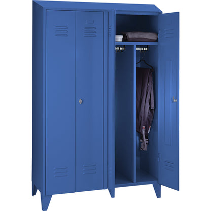 Berlin 2 clean and dirty locker, centre divider, 2 compartments, light blue, width 1200 mm, sloping roof shape.