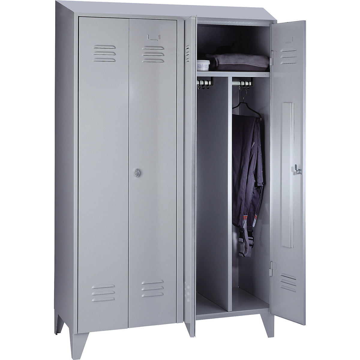 Berlin 2 clean and dirty locker, centre divider, 2 compartments, light grey, width 1200 mm, sloping roof shape.