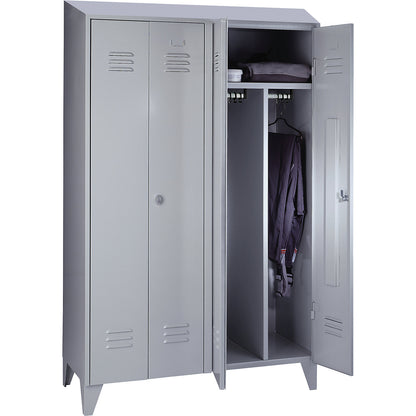 Berlin 2 clean and dirty locker, centre divider, 2 compartments, light grey, width 1200 mm, sloping roof shape.