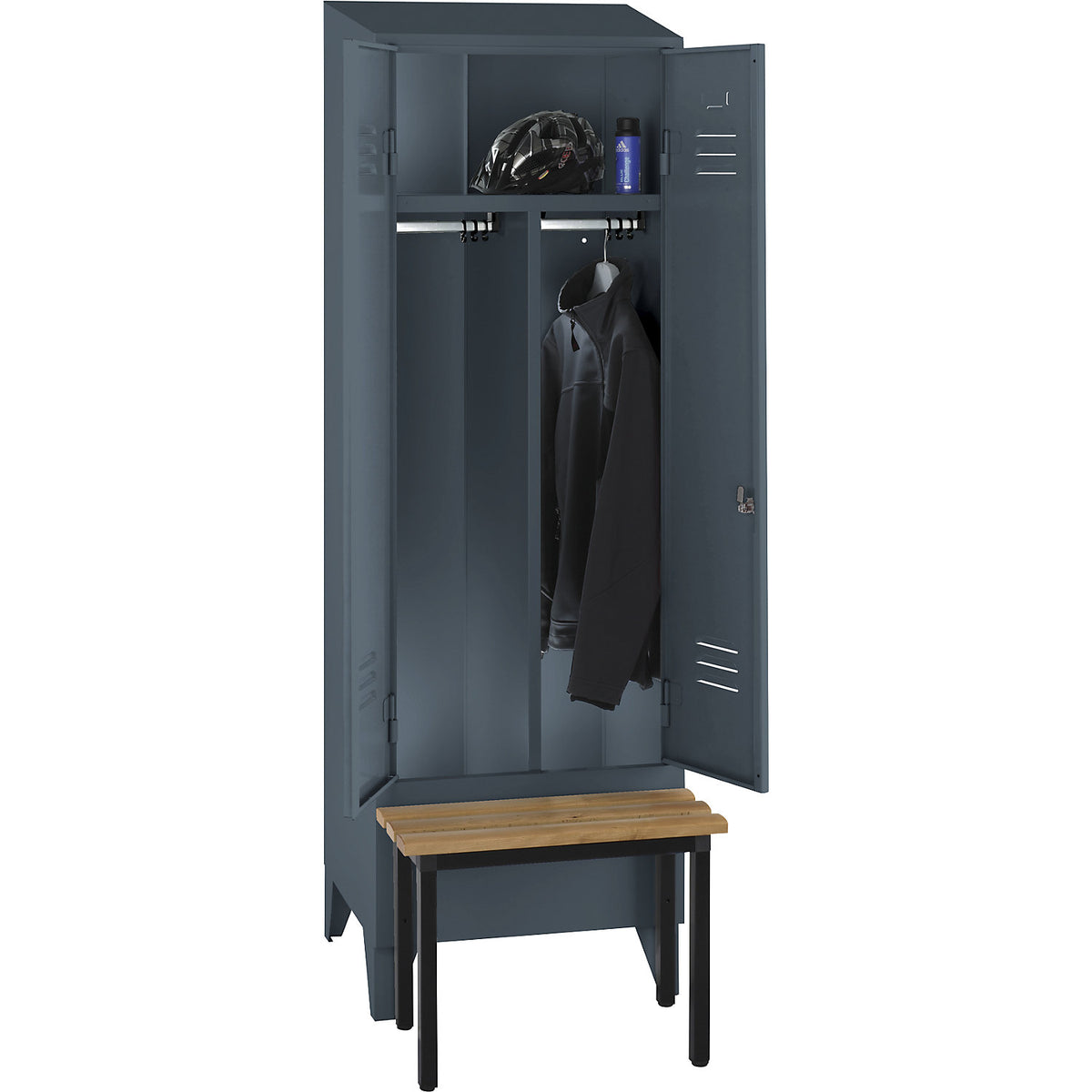 Berlin 2 clean and dirty locker with bench seat, centre divider, 1 compartment, blue grey, W 600 mm, bench mounted in front, beech wood, sloping roof.