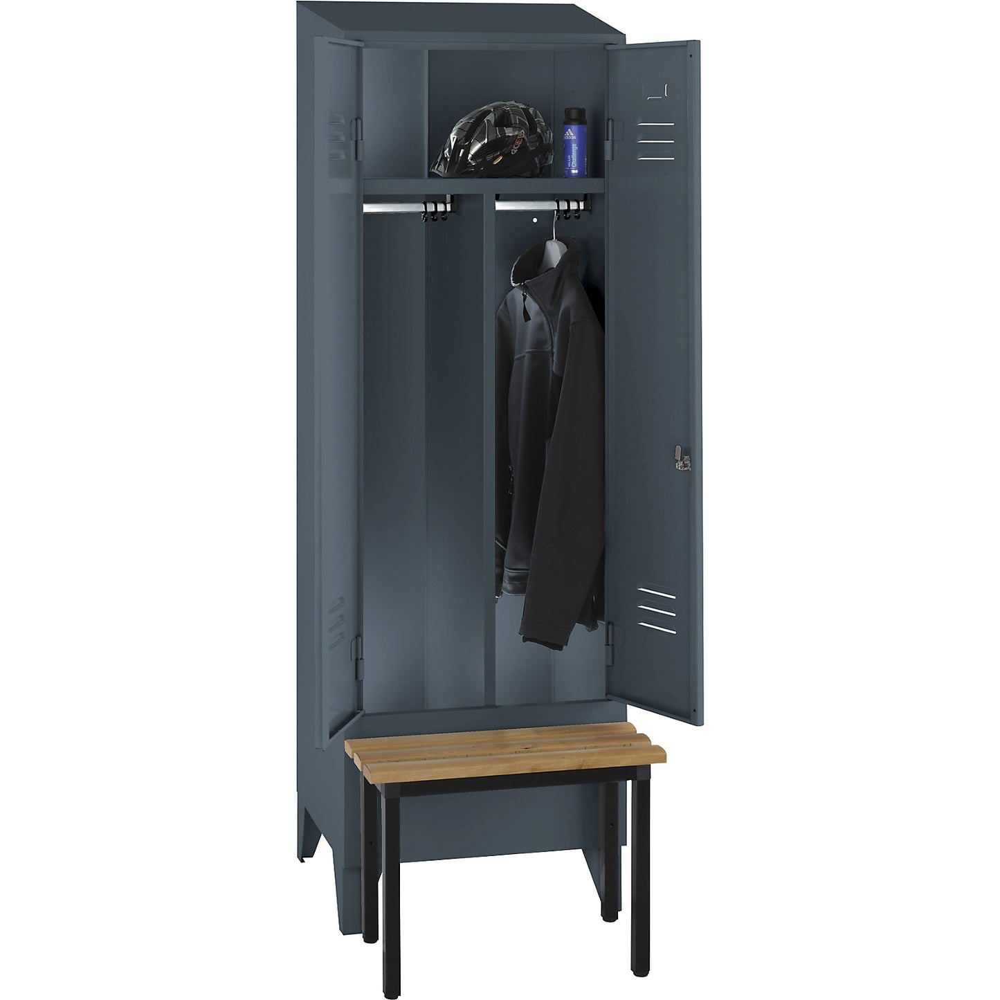 Berlin 2 clean and dirty locker with bench seat, centre divider, 1 compartment, blue grey, W 600 mm, bench mounted in front, beech wood, sloping roof.