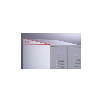 Berlin 2 double deck clothes locker with bench seat, 3 sections, blue grey, width 1200 mm, sloping roof shape.