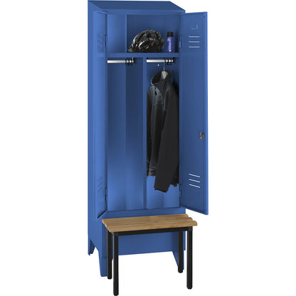 Berlin 2 clean and dirty locker with bench seat, centre divider, 1 compartment, light blue, W 600 mm, bench mounted in front, beech wood, sloping roof.