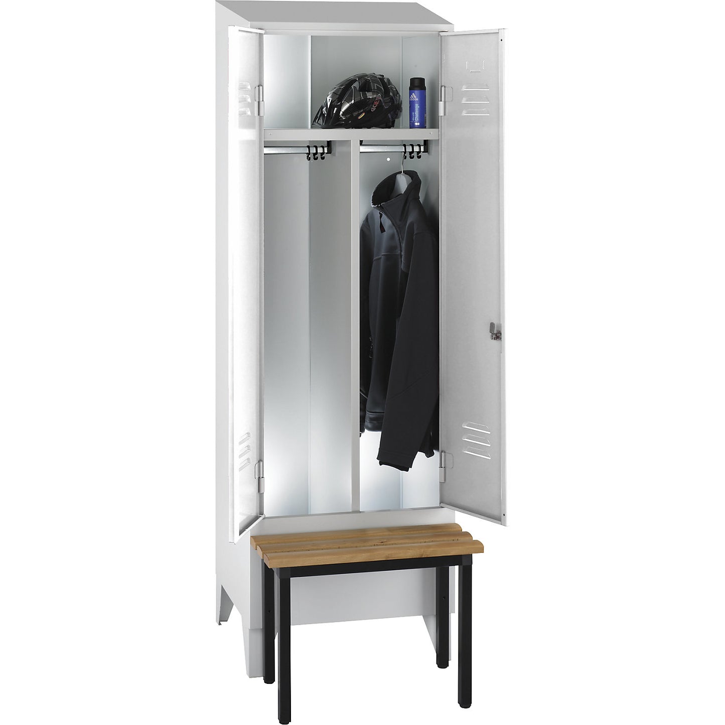 Berlin 2 clean and dirty locker with bench seat, centre divider, 1 compartment, light grey, W 600 mm, bench mounted in front, beech wood, sloping roof.