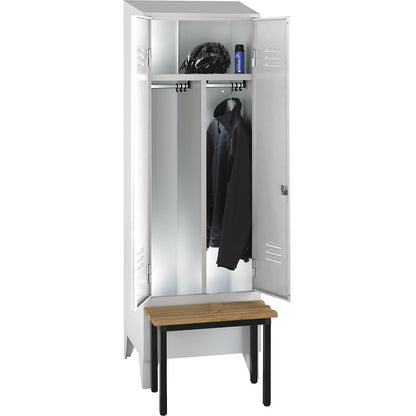 Berlin 2 clean and dirty locker with bench seat, centre divider, 1 compartment, light grey, W 600 mm, bench mounted in front, beech wood, sloping roof.