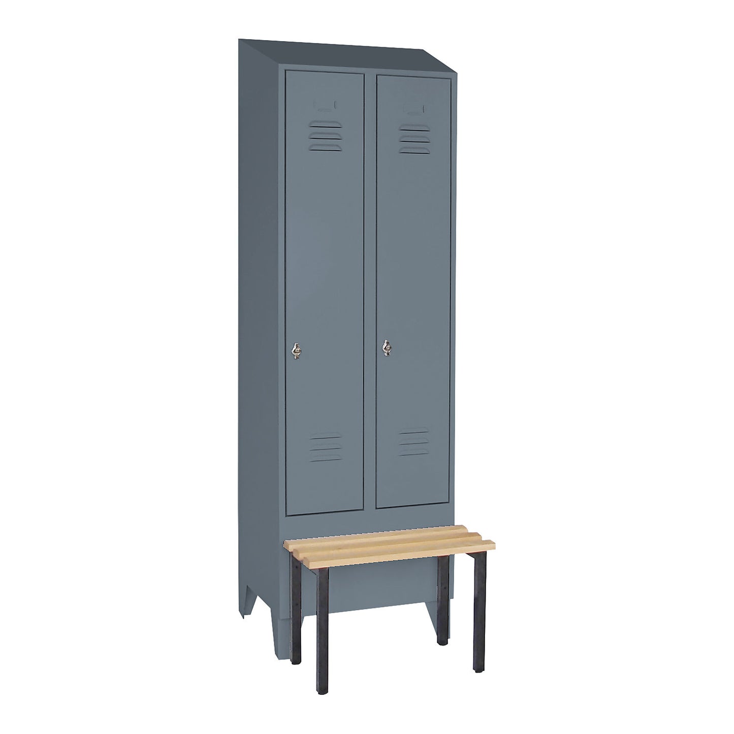 Berlin 2 clothes locker with bench seat, 2 compartments, blue grey, W 600 mm, fbench mounted in front, beech wood, sloping roof.