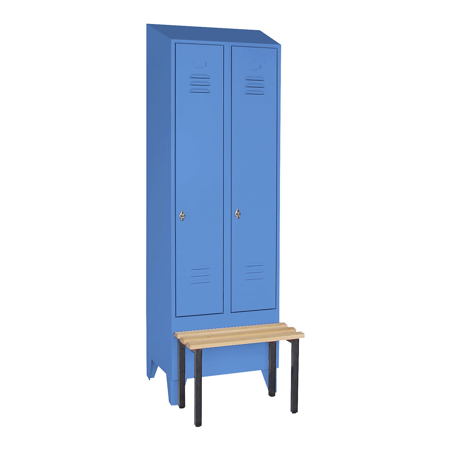 Berlin 2 clothes locker with bench seat, 2 compartments, light blue, W 600 mm, bench mounted in front, beech wood, sloping roof.