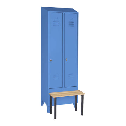 Berlin 2 clothes locker with bench seat, 2 compartments, light blue, W 600 mm, bench mounted in front, beech wood, sloping roof.