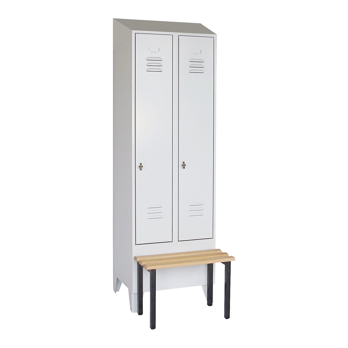 Berlin 2 clothes locker with bench seat, 2 compartments, light grey, W 600 mm, bench mounted in front, beech wood, sloping roof.