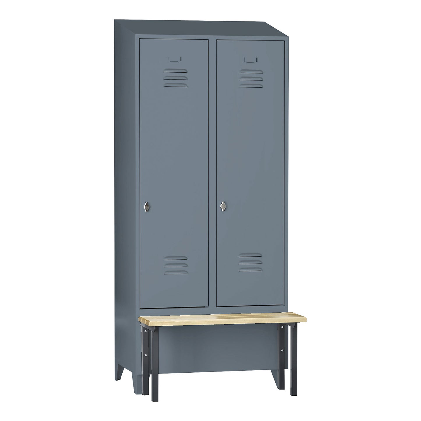 Berlin 2 clothes locker with bench seat, 2 compartments, blue grey, W 800 mm, bench mounted in front, beech wood, sloping roof.