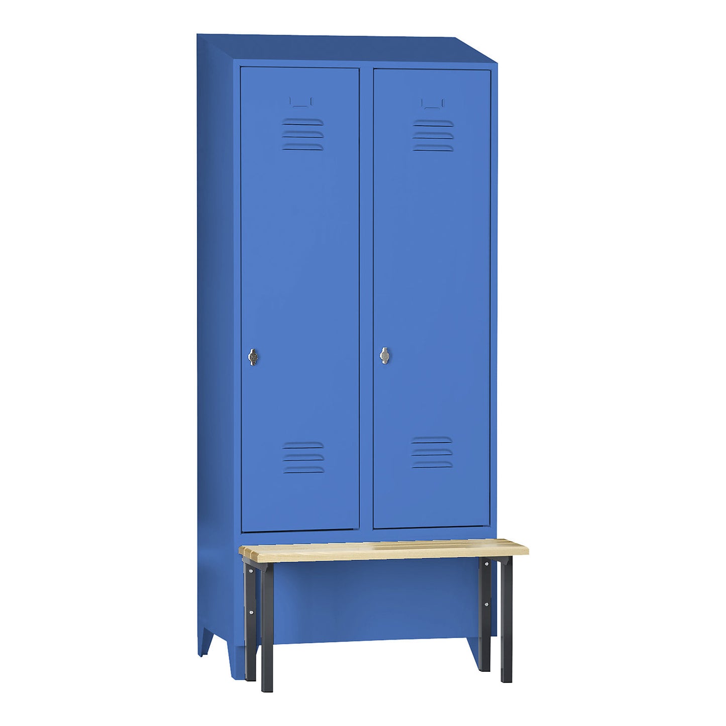 Berlin 2 clothes locker with bench seat, 2 compartments, light blue, W 800 mm, bench mounted in front, beech wood, sloping roof.