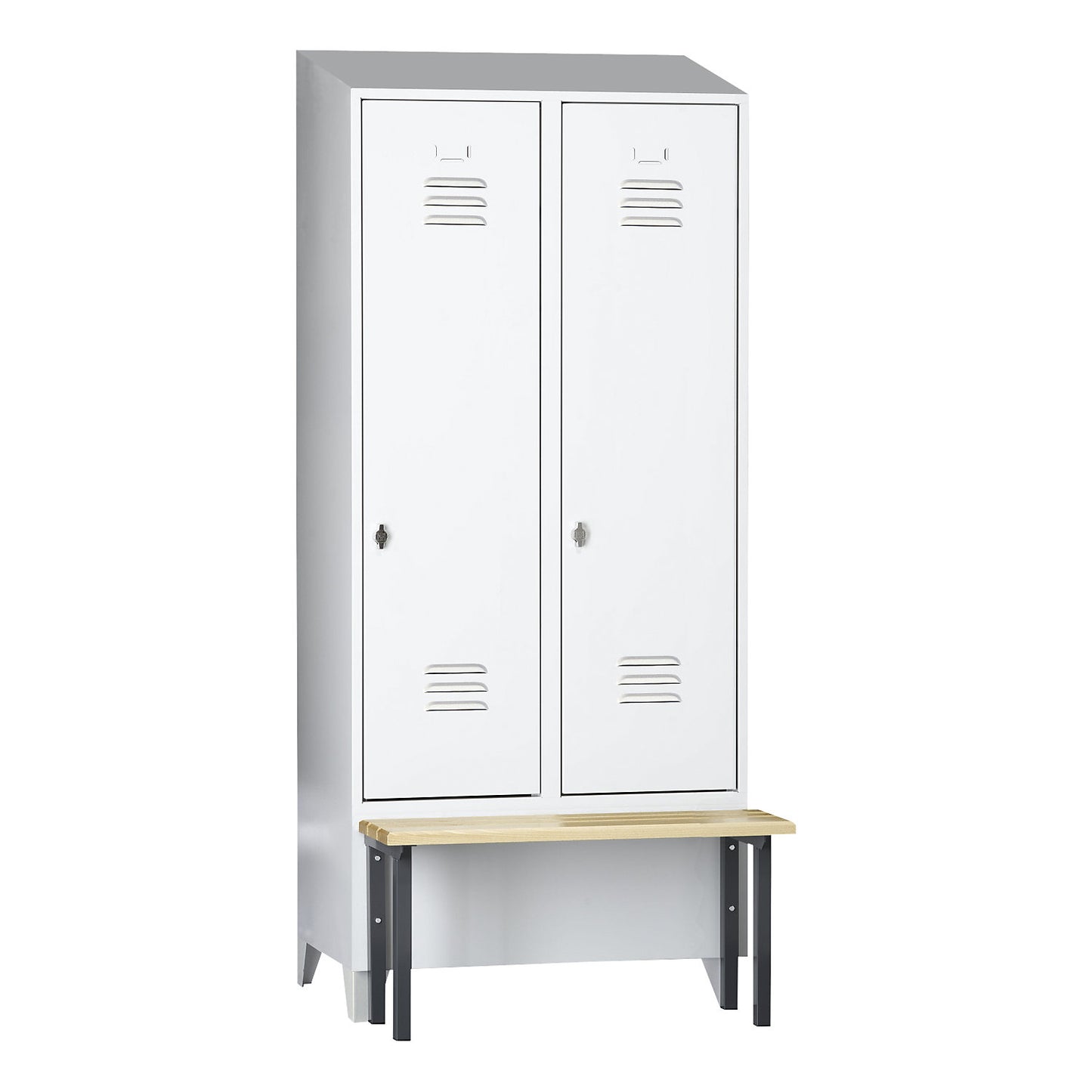 Berlin 2 clothes locker with bench seat, 2 compartments, light grey, W 800 mm, bench mounted in front, beech wood, sloping roof.
