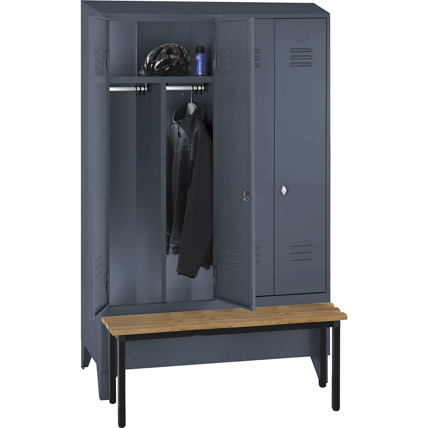 Berlin 2 clean and dirty locker with bench seat, centre divider, 2 compartments, blue grey, W 1200 mm, bench mounted in front, beech wood, sloping roof.