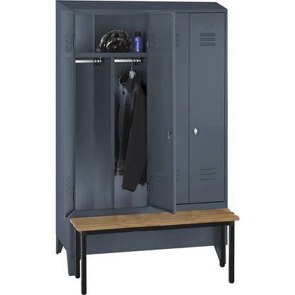 Berlin 2 clean and dirty locker with bench seat, centre divider, 2 compartments, blue grey, W 1200 mm, bench mounted in front, beech wood, sloping roof.