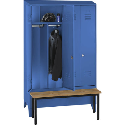 Berlin 2 clean and dirty locker with bench seat, centre divider, 2 compartments, light blue, W 1200 mm, bench mounted in front, beech wood, sloping roof.